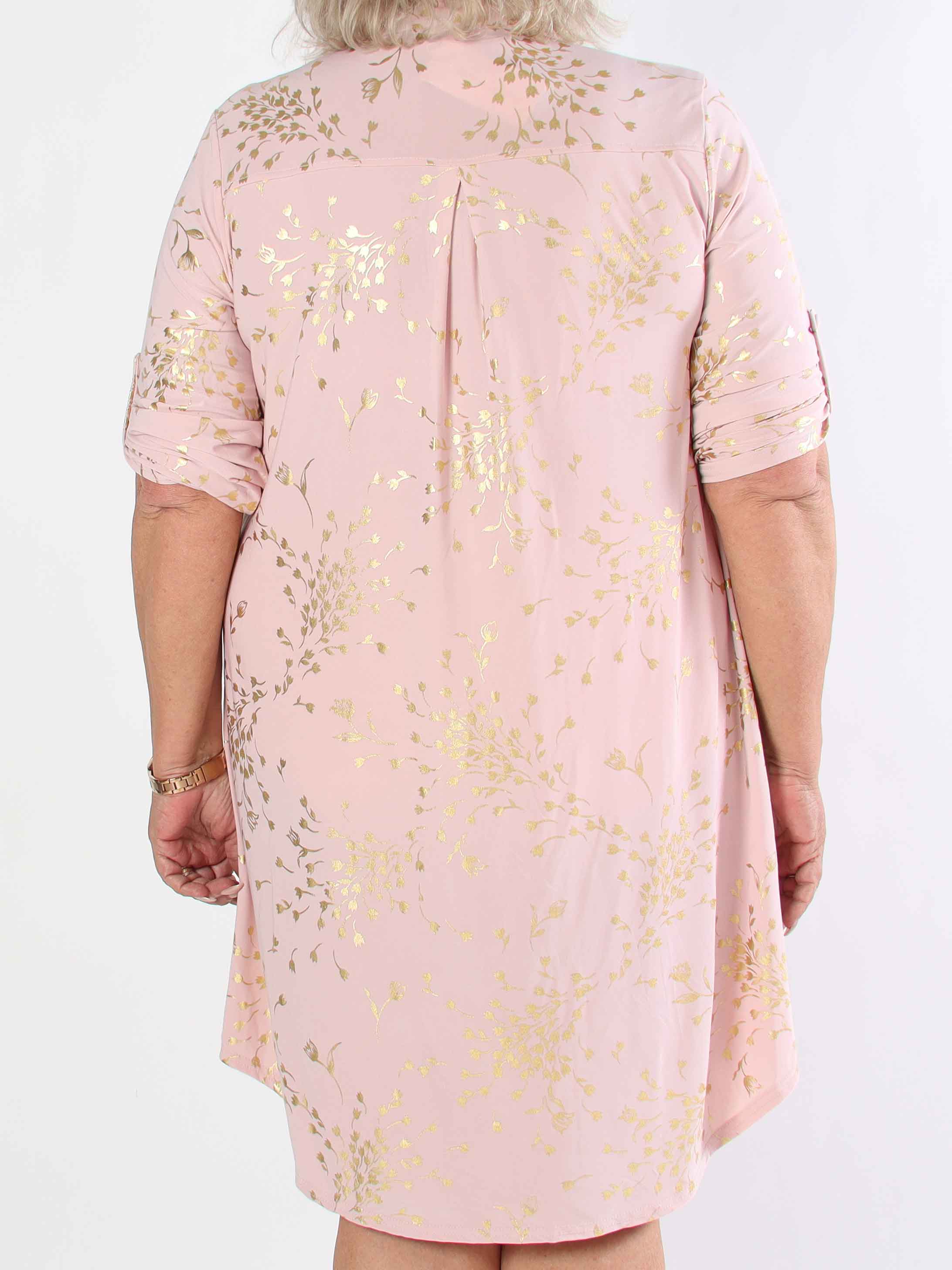 Ebba Gold Leaf Long - Elastisk ensfarvet plus size kjole med guld blomsterprint